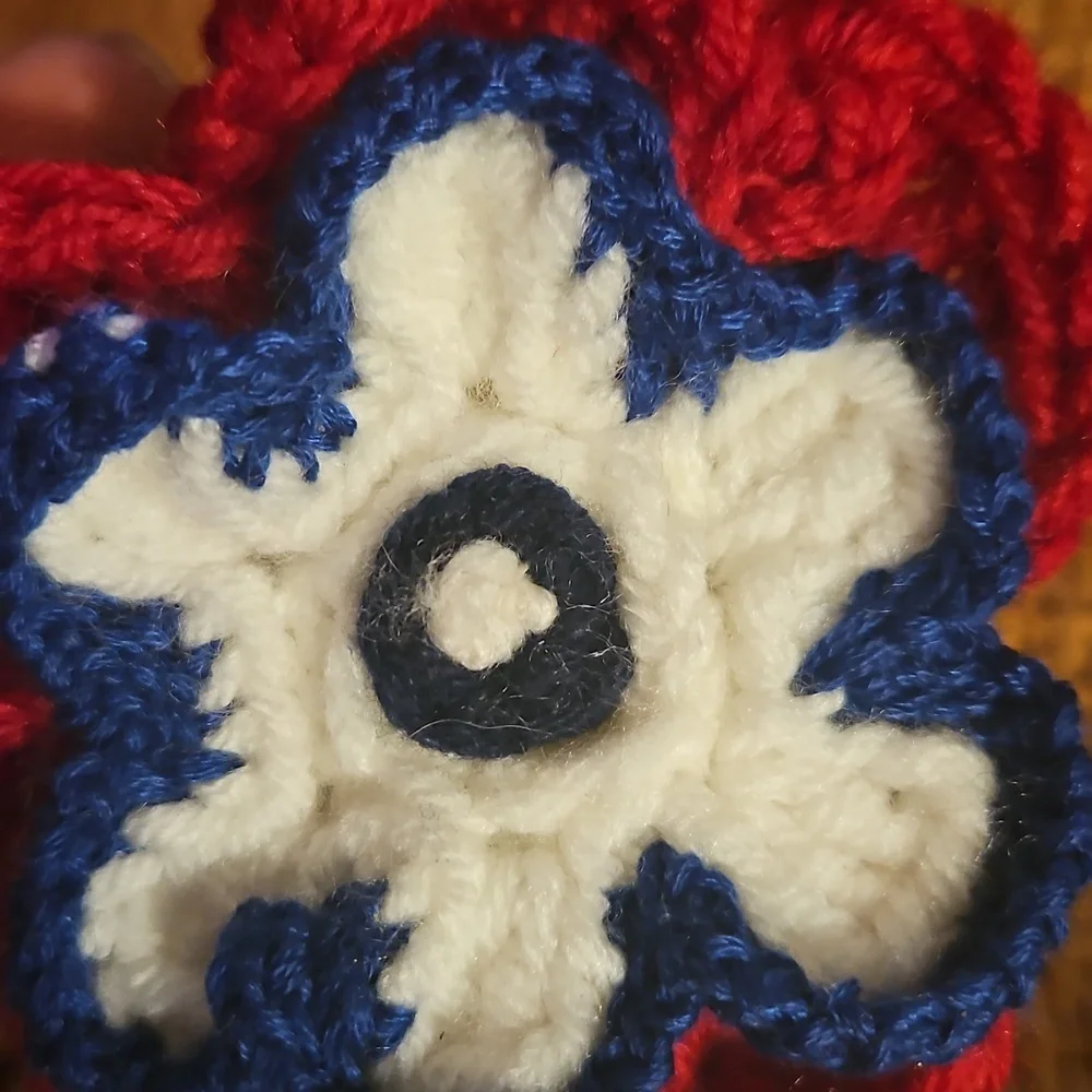 Handmade Red and Blue Crochet Flower Hair Clip Hand Crafted Brooch  Patriotic 4